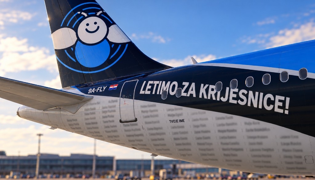 Virtualni livery zrakoplova 9A-FLY s natpisom Letimo za Krijesnice i imenima podržavatelja na trupu